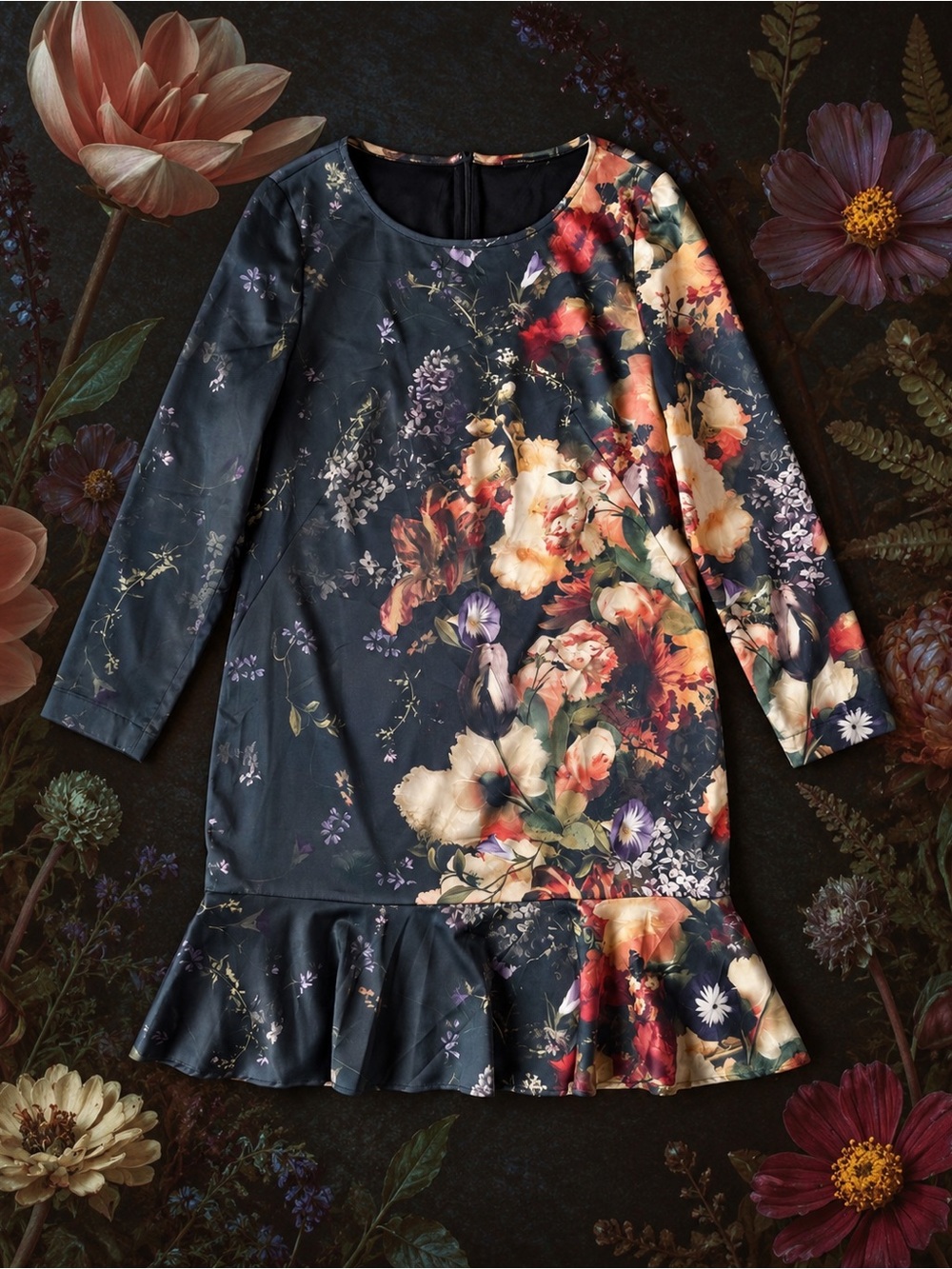 RIANI Woman Dark Green Satin Floral Relax Pleated Dress US8 Party Whimsigoth